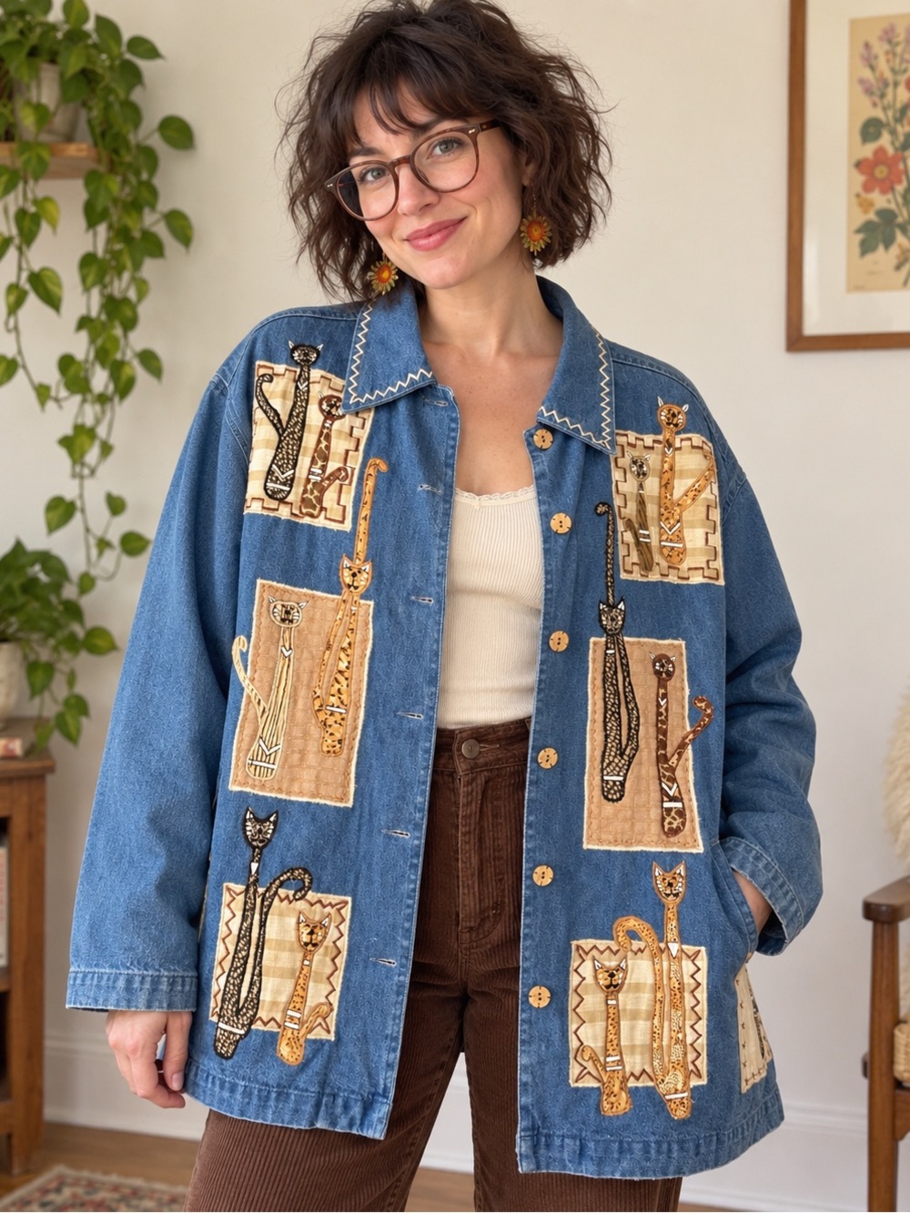 Vintage 90s Whimsical Cat Applique Denim Shirt Jacket